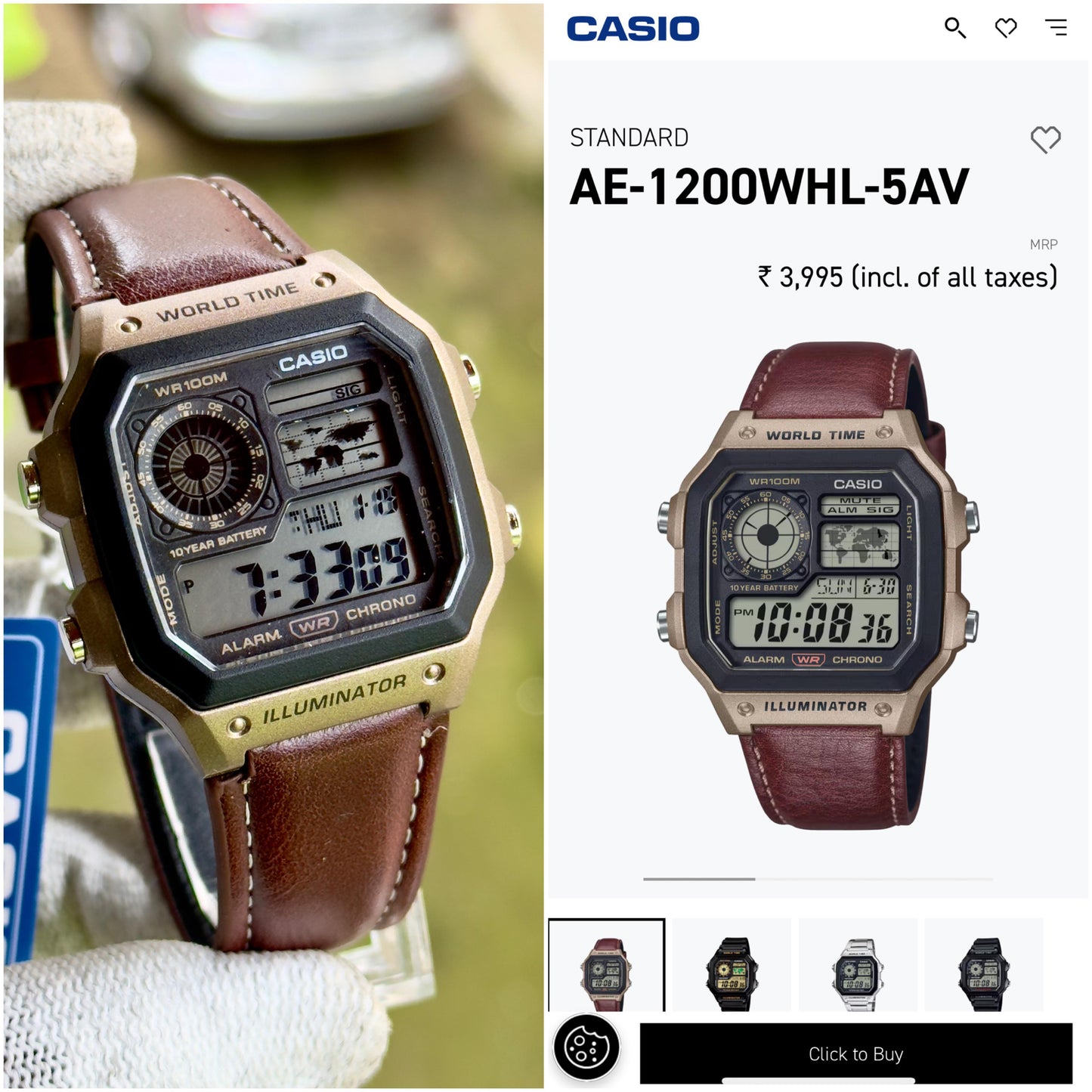 Casio AE-1200 Illuminator Camel Brown - J1231-WORLD TIME