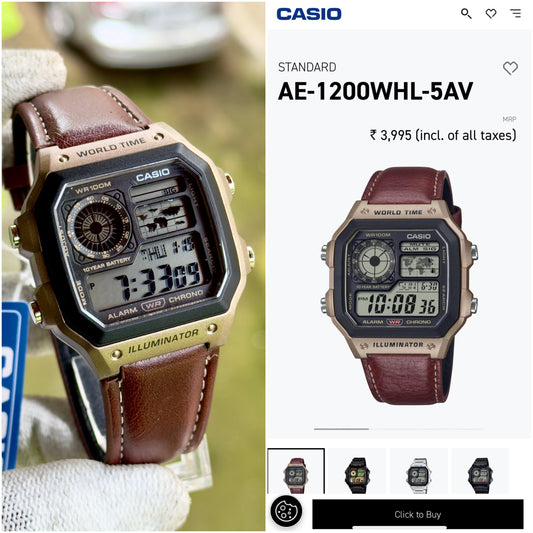 Casio AE-1200 Illuminator Camel Brown - J1231-WORLD TIME